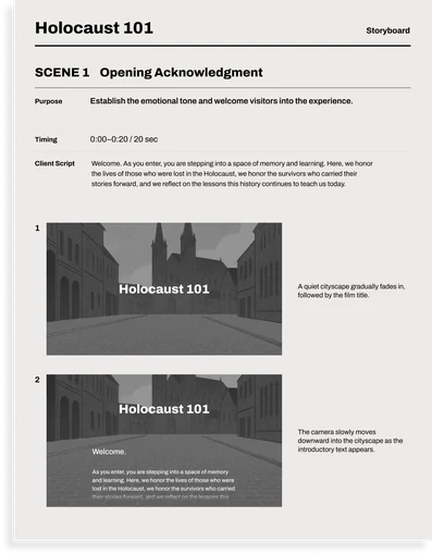 Storyboard page, scene 1, Opening Acknowledgment. A quiet cityscape fades in, followed by the film title.