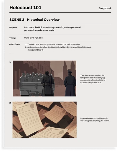 Storyboard page, scene 2, Historical Overview. A truck carrying people crosses the city, then layers of documents fill the screen.
