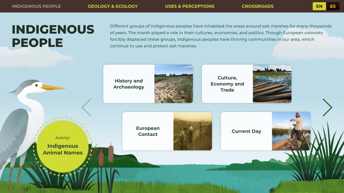 Design A. The Indigenous Peoples screen with topic cards on a flat panel beside an illustrated marsh.