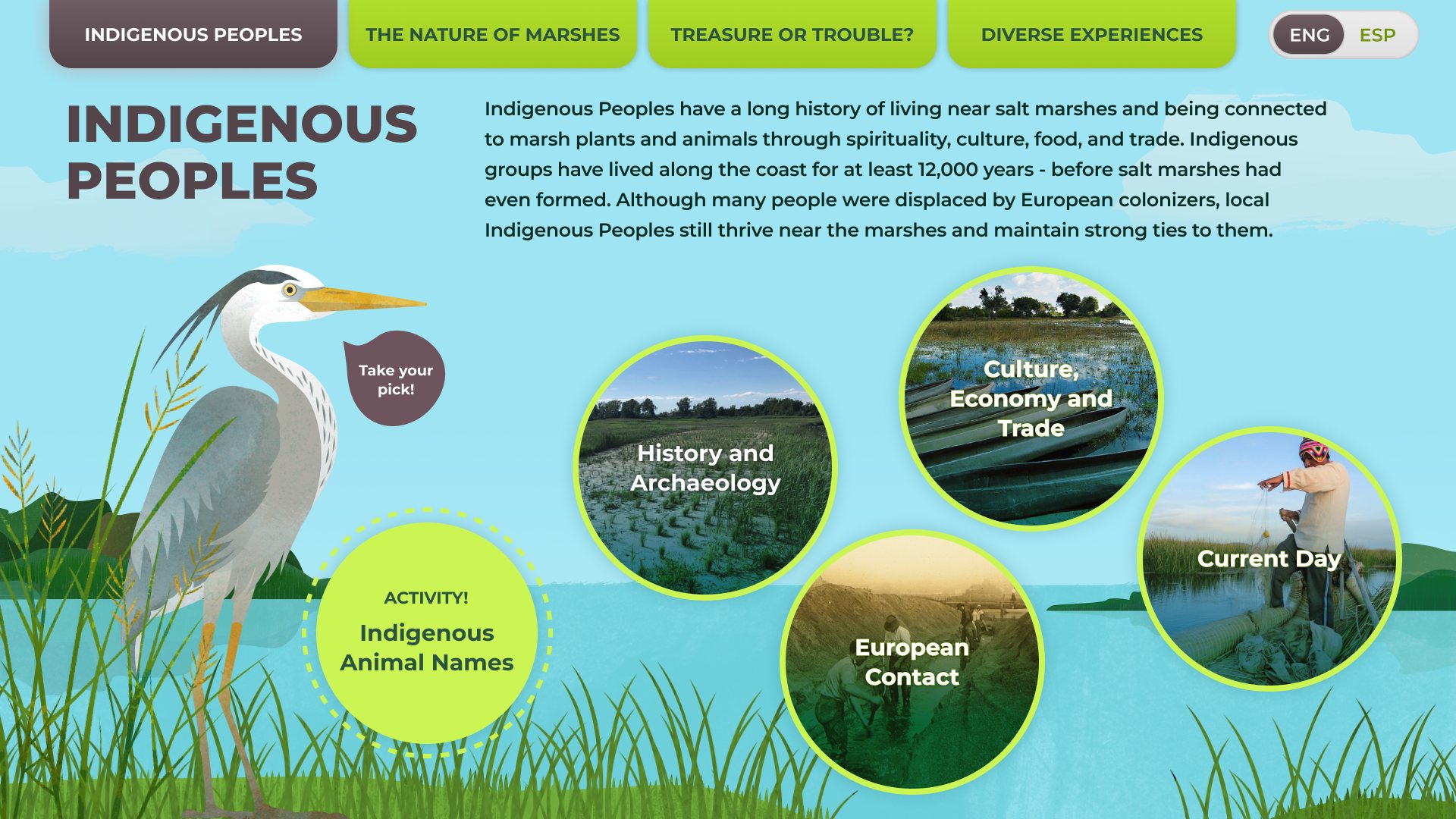 The final Indigenous Peoples screen, with tabs, a language toggle and round topic buttons over the marsh.