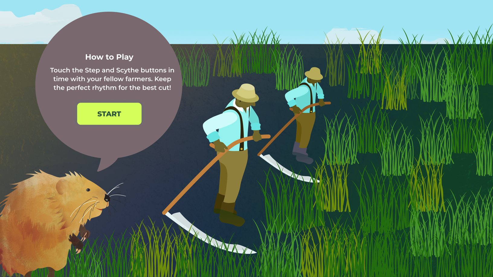 Salt Hay Harvest, instruction. A muskrat explains how to tap Step and Scythe in time with the farmers.