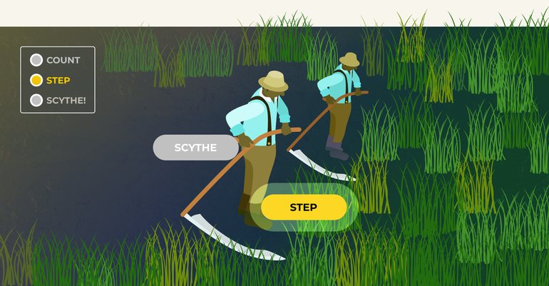Practice. The Step button glows as the farmer steps forward.