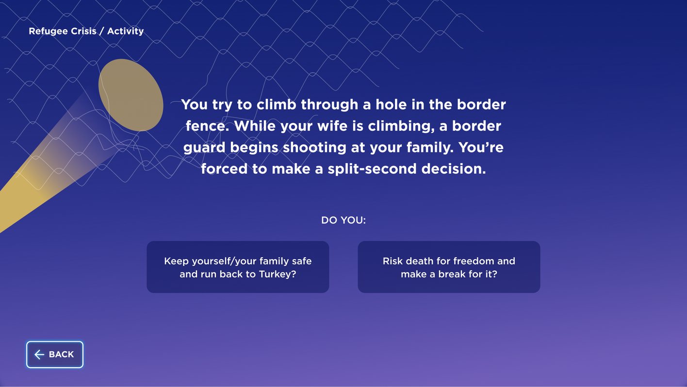 Next step. A border guard begins shooting as your wife climbs through the fence, and you must decide in a split second.