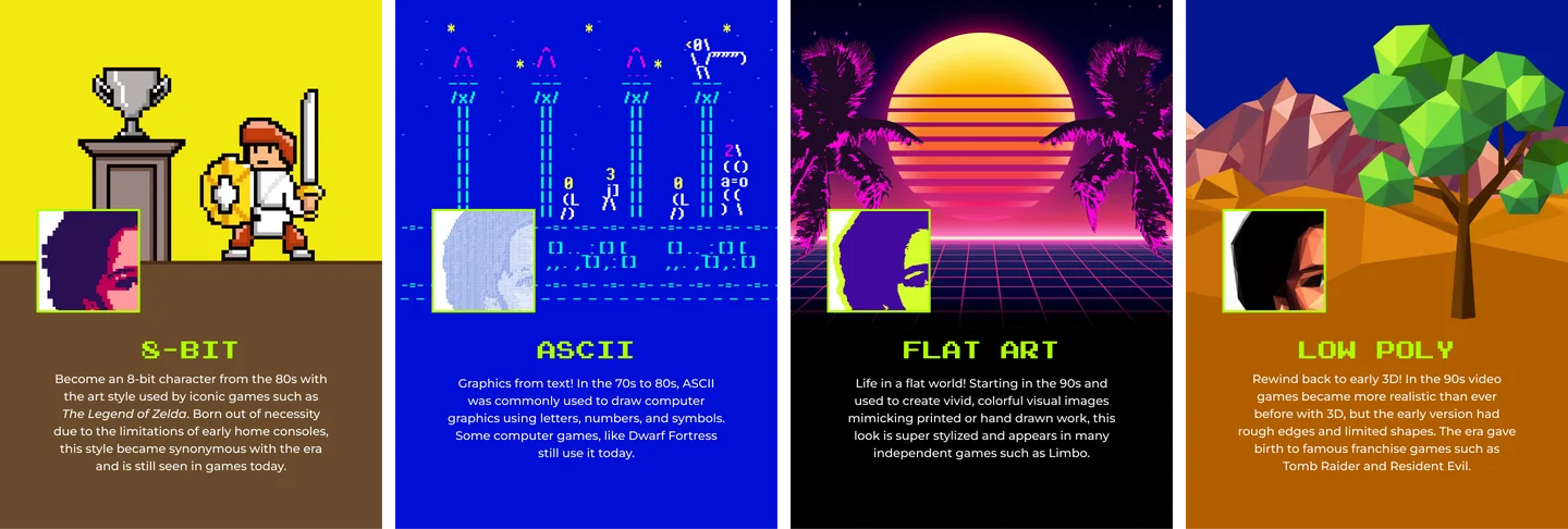 Four era cards. 8-bit with a pixel knight, ASCII with a castle drawn in characters, flat art with a neon sunset, and low poly with a faceted tree.