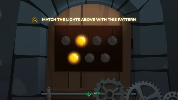 Clever Lever final screen. Match the lights above with this pattern, set in a stone archway with gears.