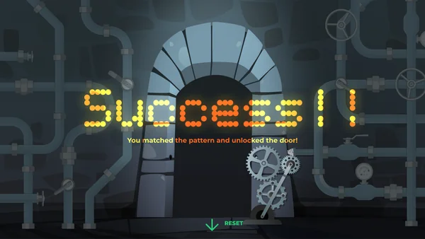 Success screen. Glowing dot letters read Success, with You matched the pattern and unlocked the door.