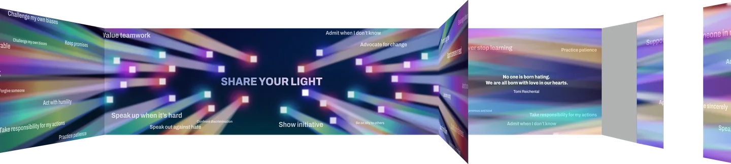 The first version laid out across all six walls, with beams of light running over every wall.